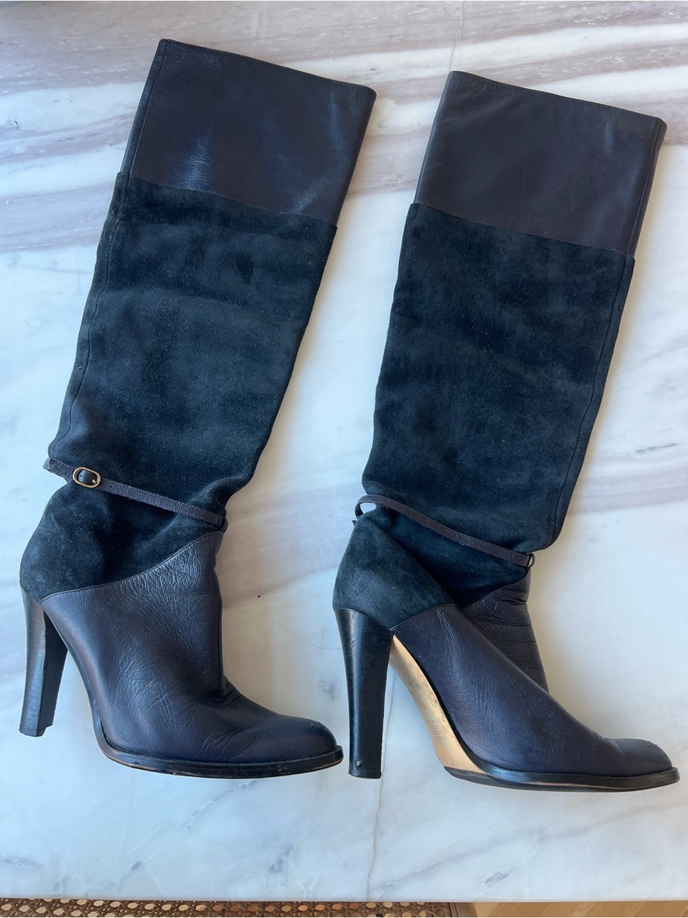 Vintage Black Suede and Leather Over-the-Knee High Heel Boots